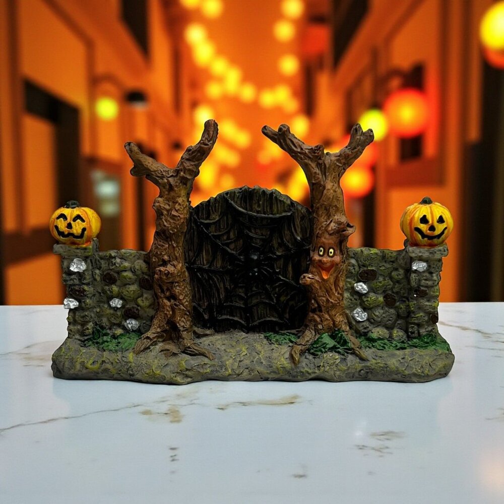 Halloween Spooky Gate With Pumpkin Lanterns & Tree Spirits Resin Figurine